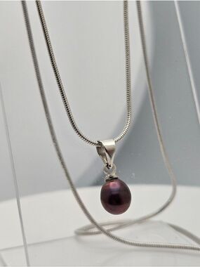 Black Real Pearl Necklace Silver Plated Snake Chain Tahitian Black Freshwater